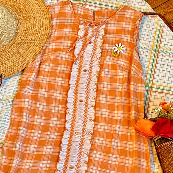 VTG 60s orange and white checked shift dress-M - Picture 2 of 10